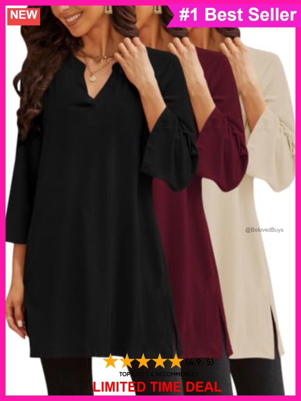 3 Pack Womens 3/4 Sleeve Tunic Tops Side Slit Loose Fit Work Blouses